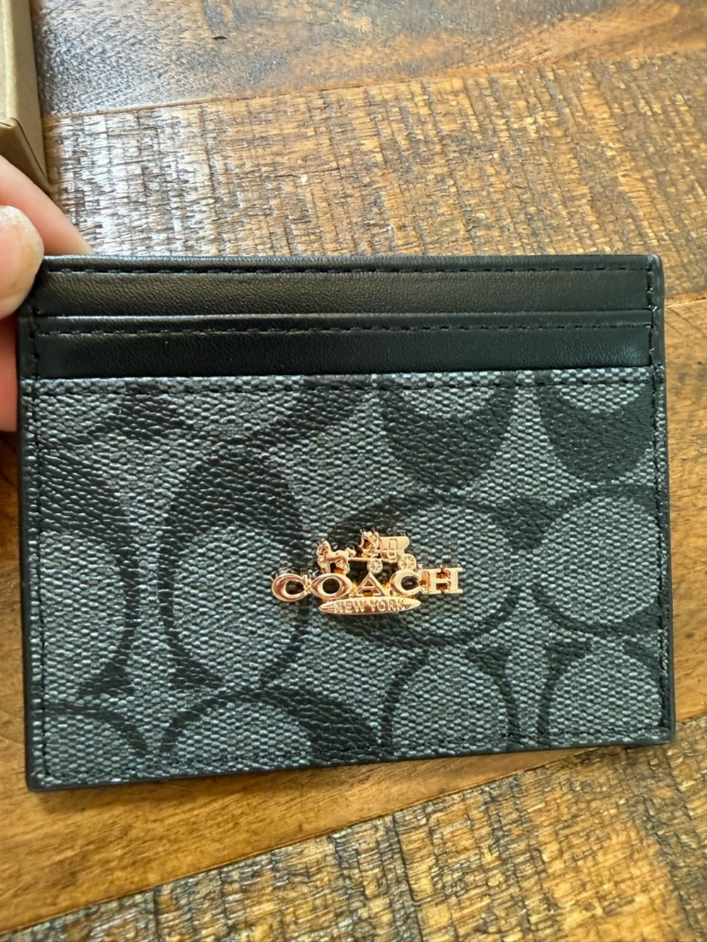 Coach Black and Charcoal Signature Card Holder with Rose Gold Logo